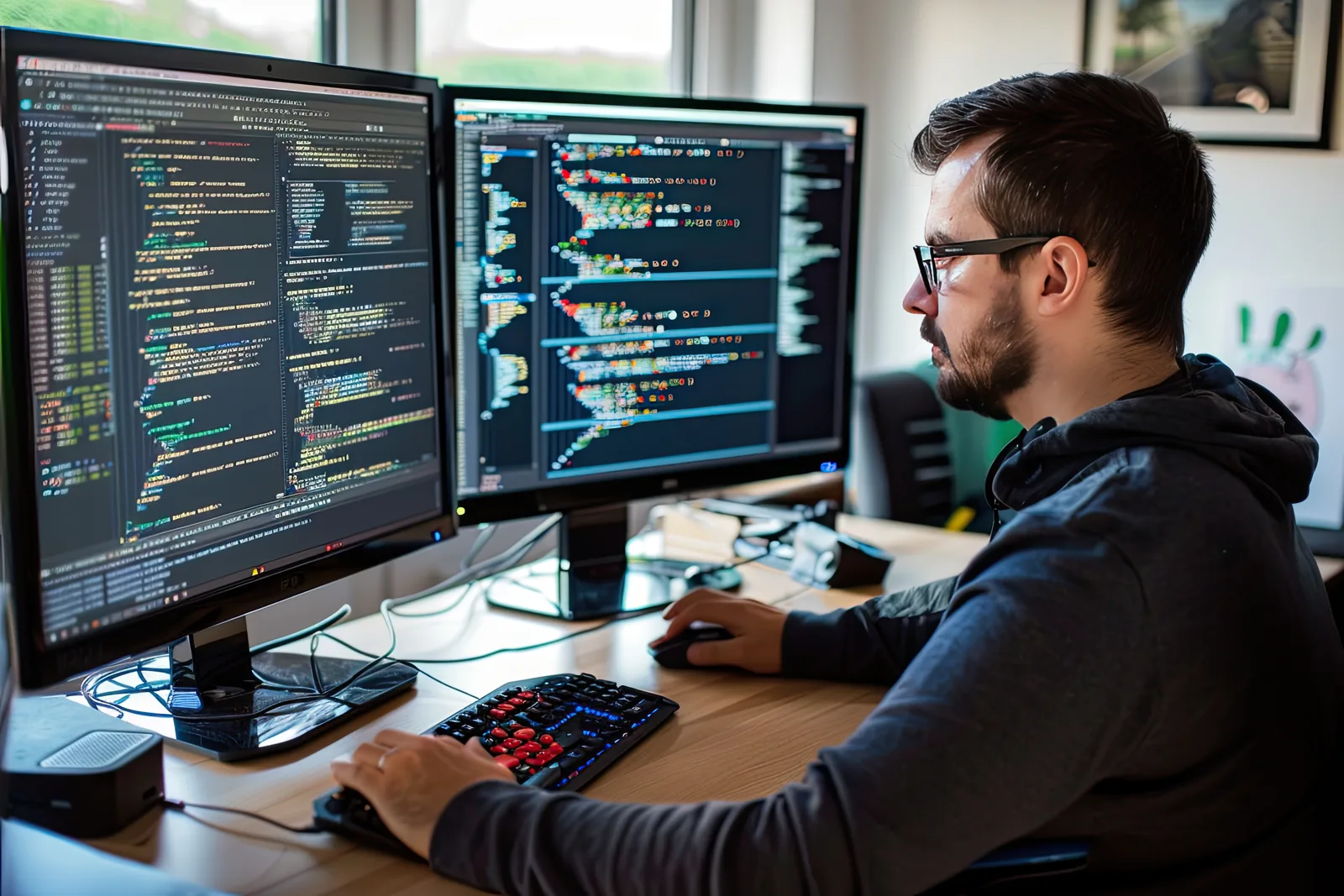 A cloud engineer reviewing infrastructure code on dual monitors