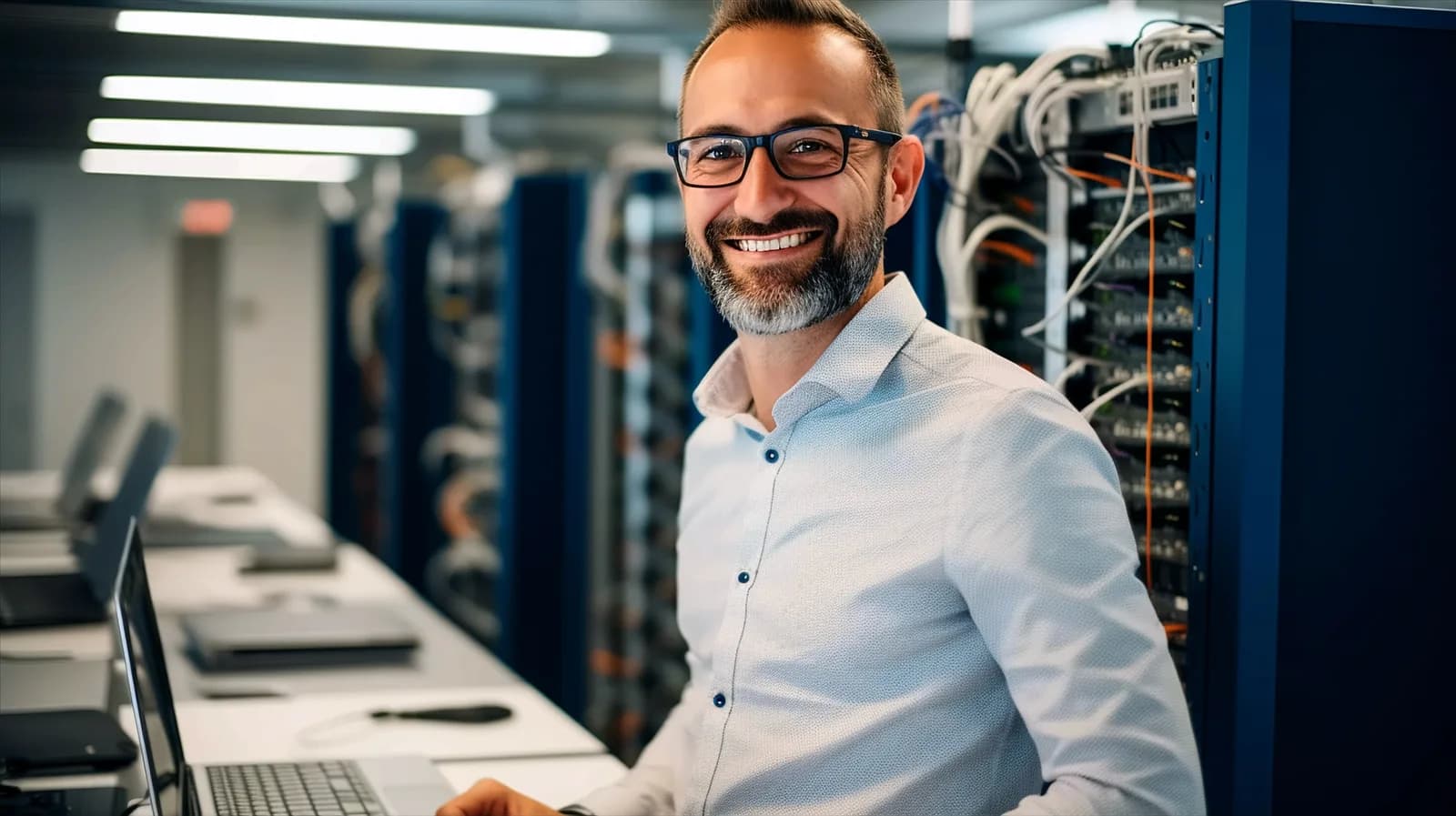 An engineer working on a laptop between data-center server racks