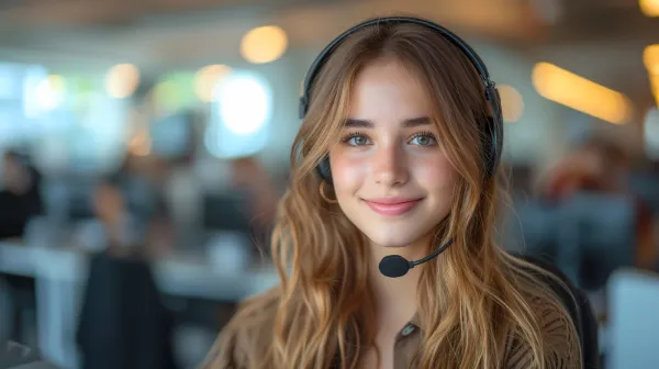 Close up portrait of a pretty woman wearing headphone. Photography for call center employee, freelance, assistant, communicating online, tech support. Looking at camera, smiling friendly.