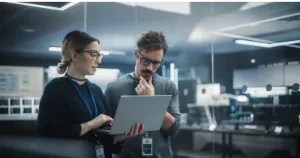 Multicultural Chief Technology Officer Talking to Software Developer, Discussing Neural Network Updates in High Tech Research and Development Facility. Professional Computer Specialists at Work