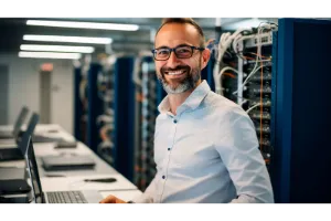 Caucasian IT professional admin using laptop computer doing data transfer operation with rack server cabinets in digital room of data center. Cyber security.